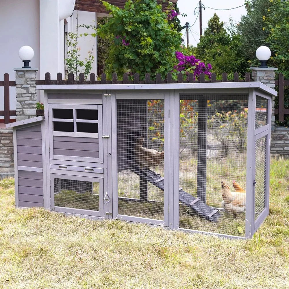 Chicken House Hen Coop w/Ramps, Run, Nesting Box