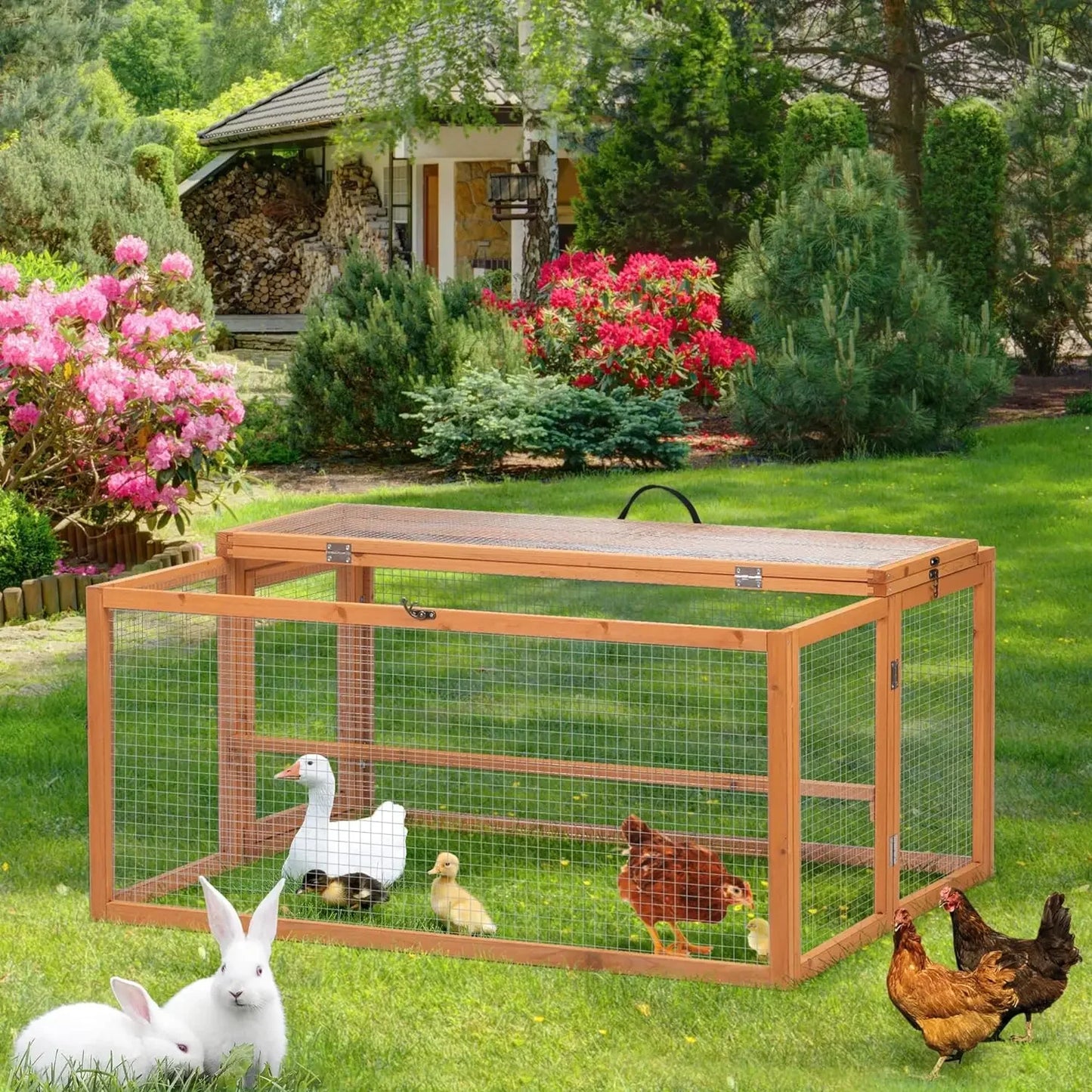 Folding Rabbit Hutch Indoor Outdoor Run with Mesh Cover