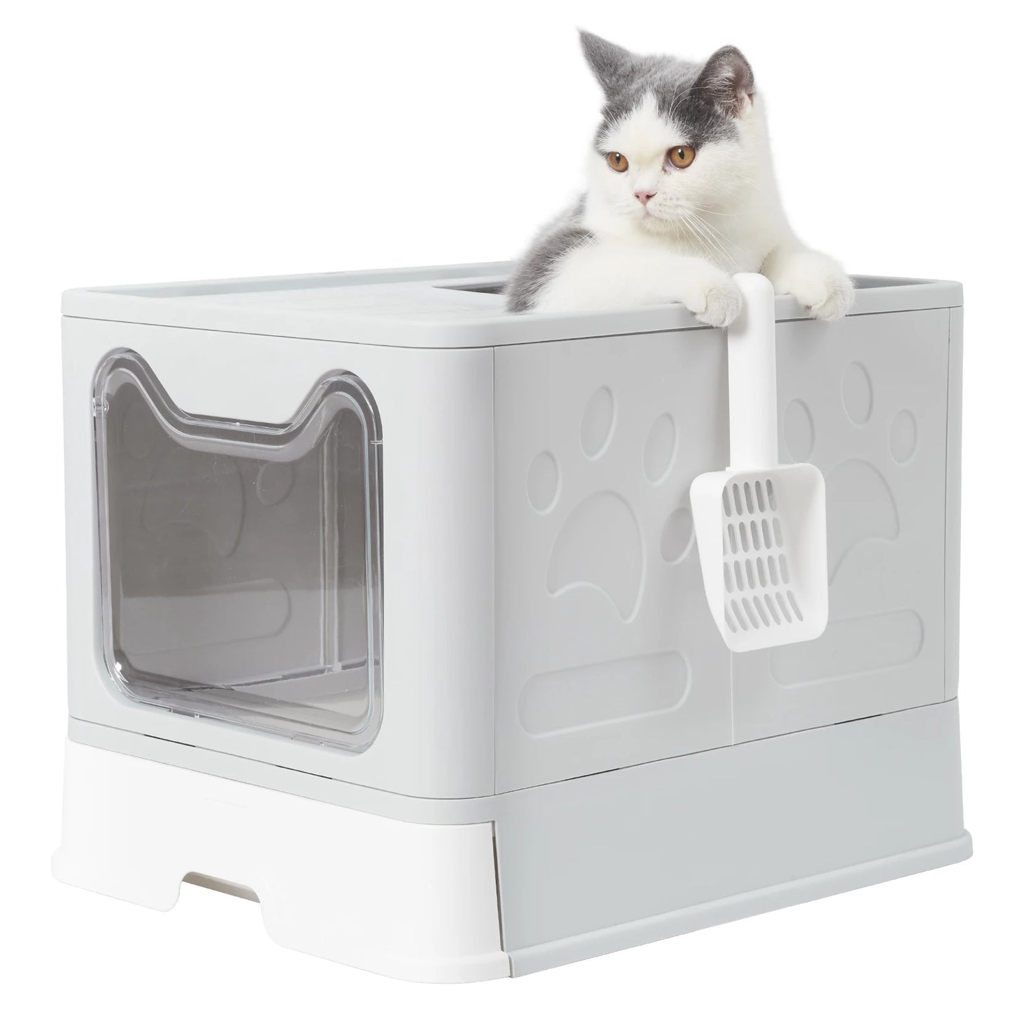 XXL Large Space Foldable Cat Litter Box with Front Entry & Top Exit with Tray