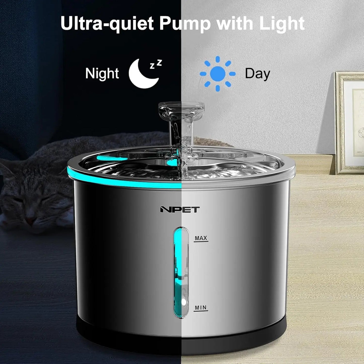 Pet Water Fountain with Visible Window Light for Cats